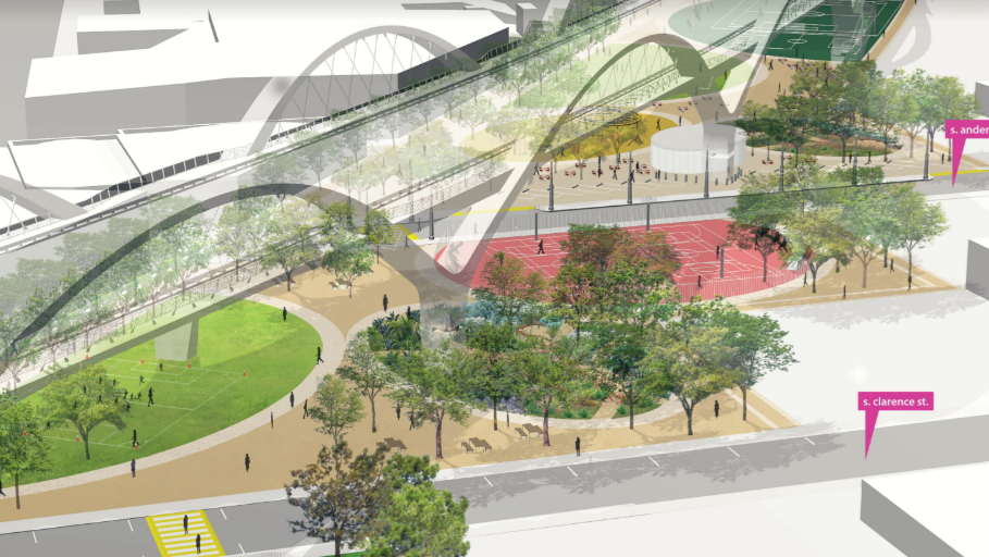 Rendering of one concept for the Boyle Heights end of the sixth street bridge park